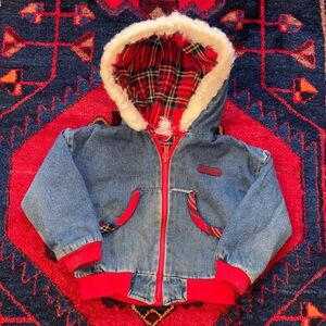 Vintage Carhartt Style Fur Plaid Faded Hooded Kids Denim Jacket